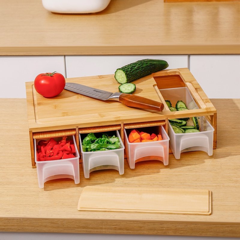 4 Containers With Wooden Chopping Board